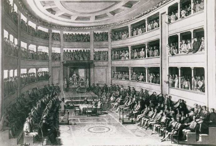 Grabado de una de las sesiones de las Cortes de Cádiz en el Teatro Cómico